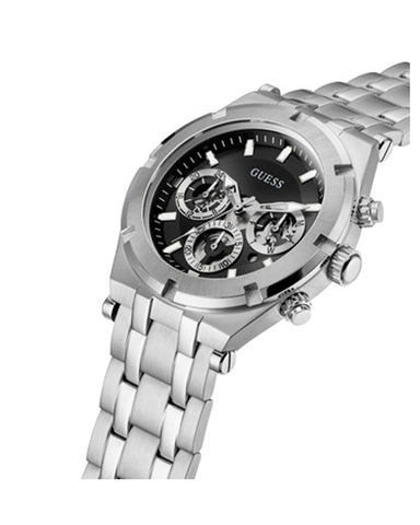 Guess - Mens Silver Case Black Multi-Function Dial Silver Steel Bracelet Watch