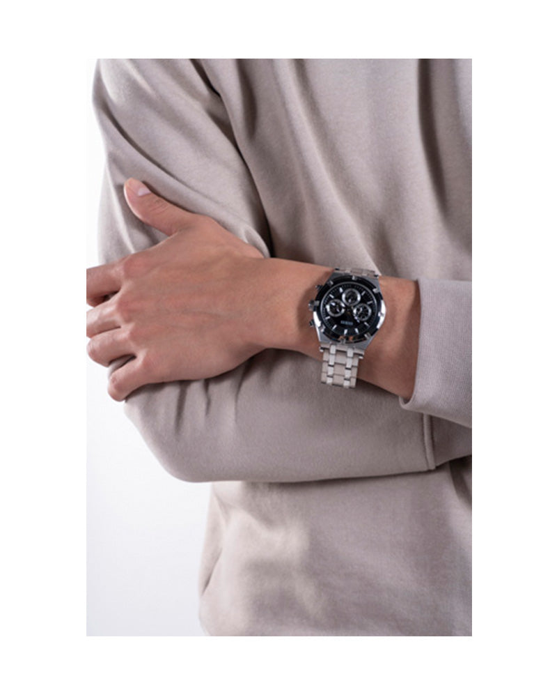 Guess - Mens Silver Case Black Multi-Function Dial Silver Steel Bracelet Watch