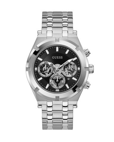 Guess - Mens Silver Case Black Multi-Function Dial Silver Steel Bracelet Watch