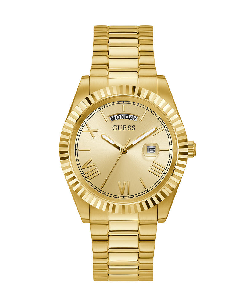 Guess Mens Gold Case Champagne Day/Date Dial Gold Steel Bracelet Watch
