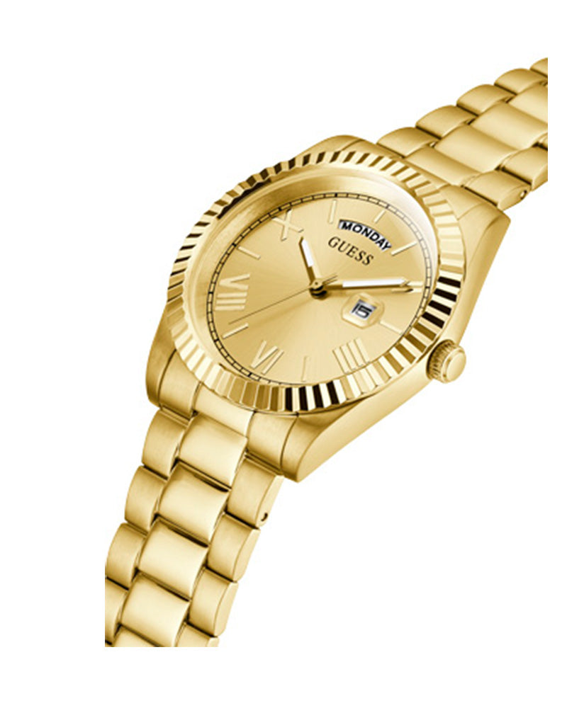 Guess Mens Gold Case Champagne Day/Date Dial Gold Steel Bracelet Watch
