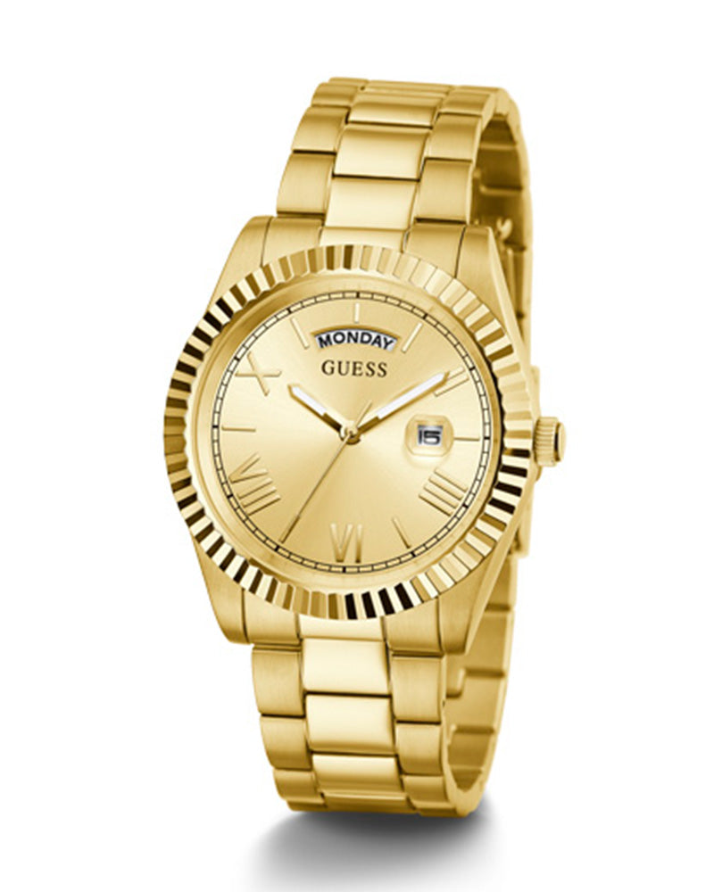 Guess Mens Gold Case Champagne Day/Date Dial Gold Steel Bracelet Watch