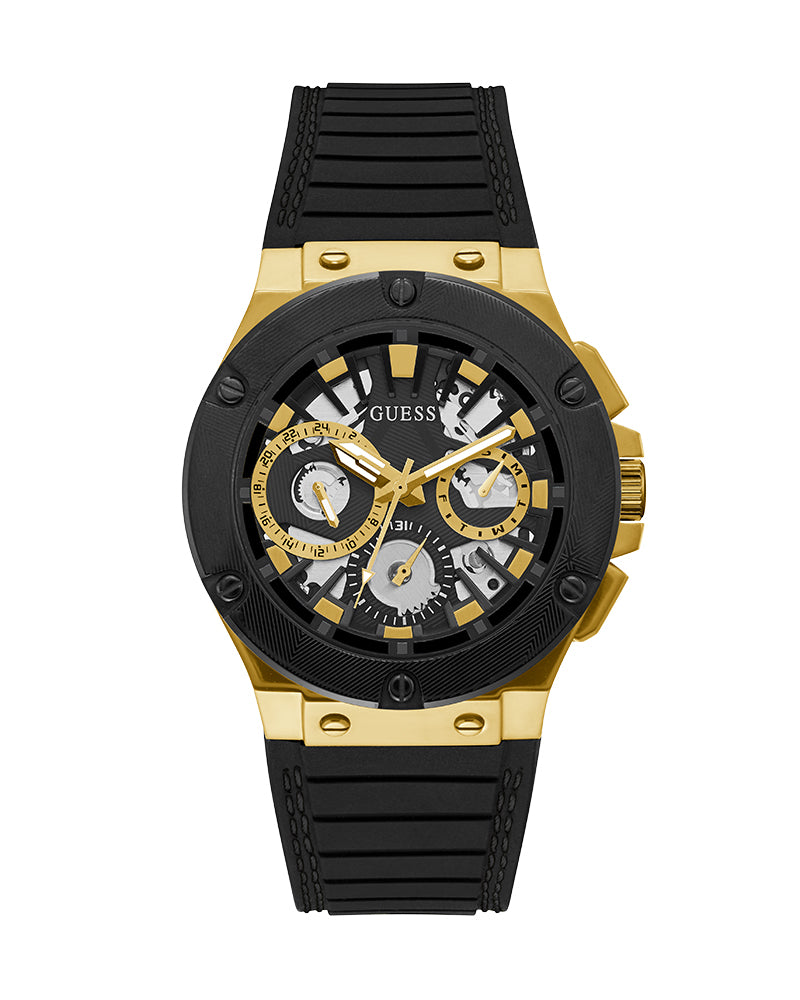 Guess Mens Watch – GW0487G5 - Day+Date Black Dial Black With Black Stitches Silicone Band Watch