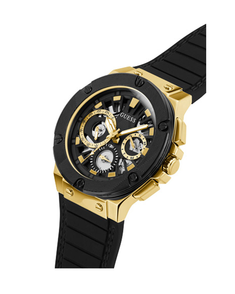 Guess Mens Watch – GW0487G5 - Day+Date Black Dial Black With Black Stitches Silicone Band Watch