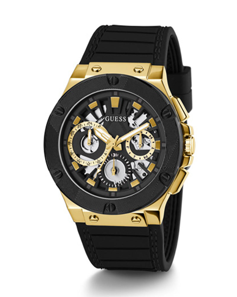 Guess Mens Watch – GW0487G5 - Day+Date Black Dial Black With Black Stitches Silicone Band Watch