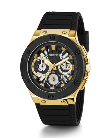 Guess Mens Watch – GW0487G5 - Day+Date Black Dial Black With Black Stitches Silicone Band Watch