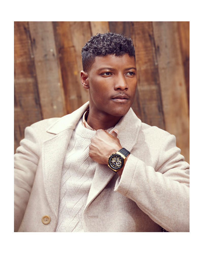 Guess Mens Watch – GW0487G5 - Day+Date Black Dial Black With Black Stitches Silicone Band Watch