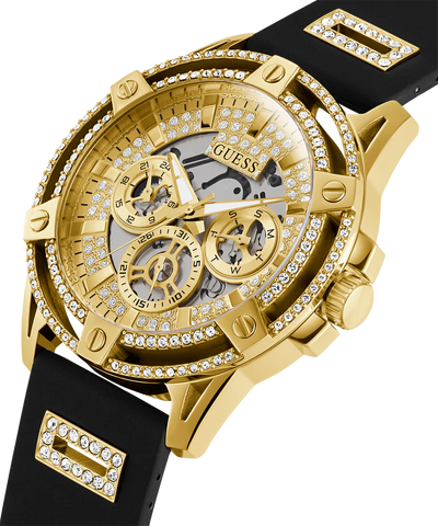 GUESS Mens Black Gold Tone Multi-function Watch