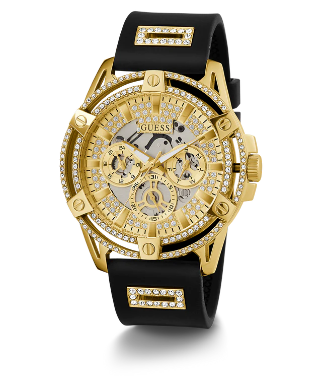 GUESS Mens Black Gold Tone Multi-function Watch