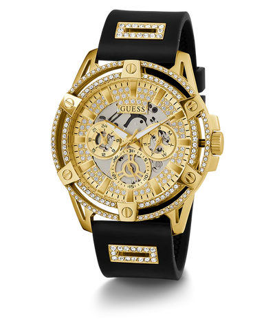 GUESS Mens Black Gold Tone Multi-function Watch